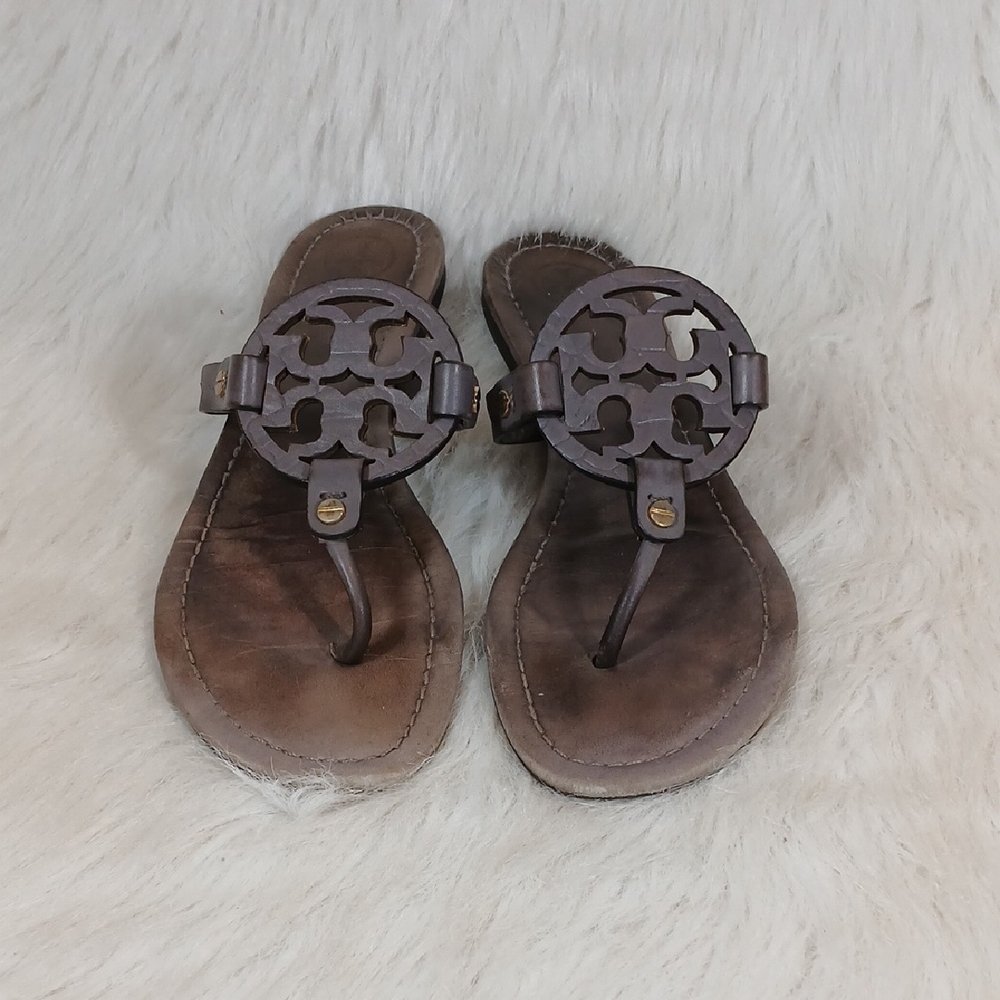 Tory Burch Gray Leather Miller Sandals with Logo Accent Women's Sz 8 M